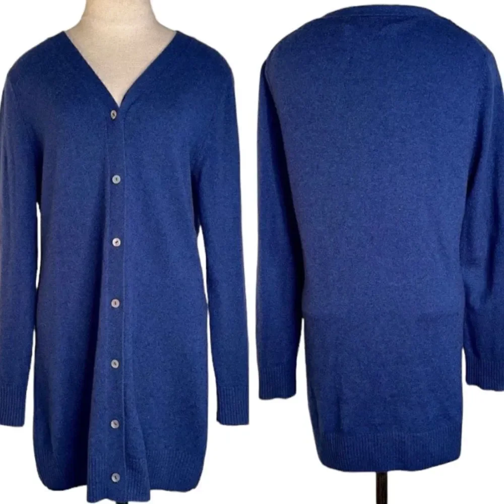 Precious Fibers Womens‎ S 100% Cashmere Navy Blue Longline Button Down Cardigan
